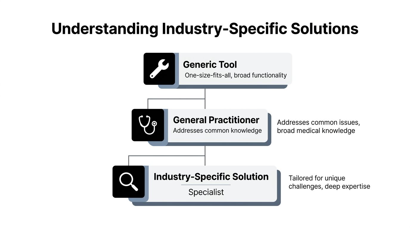 A diagram illustrating the progression from generic tools to general practitioners and industry-specific specialist solutions.