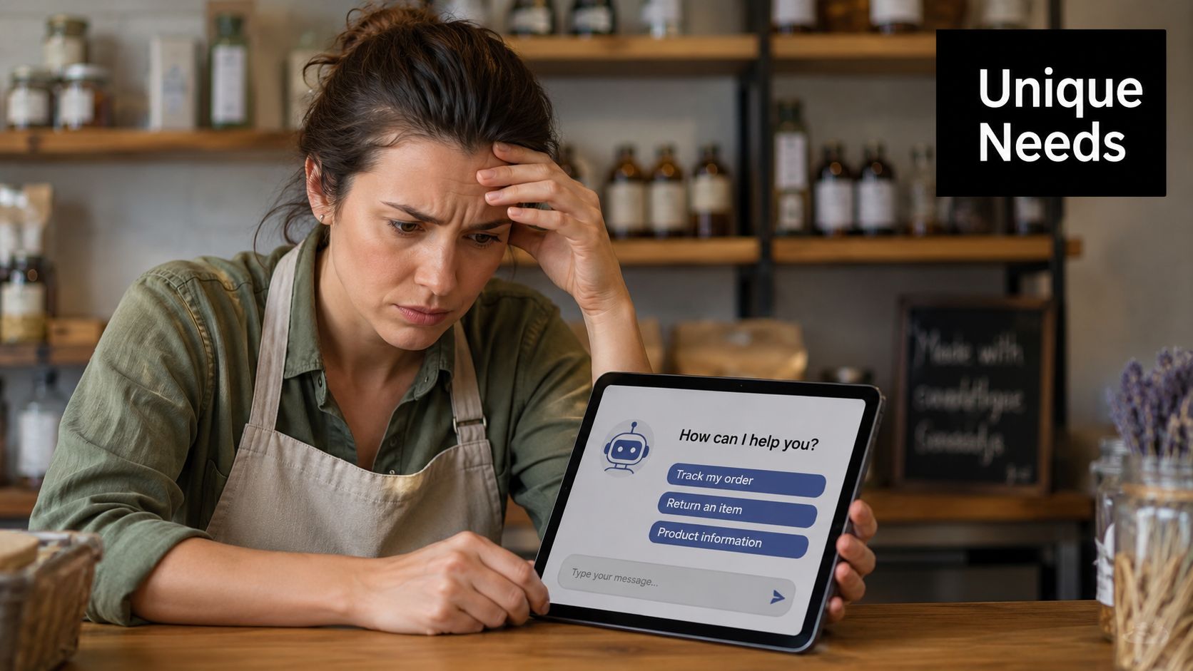 A woman looking stressed while holding a tablet displaying an automated customer service chatbot interface.
