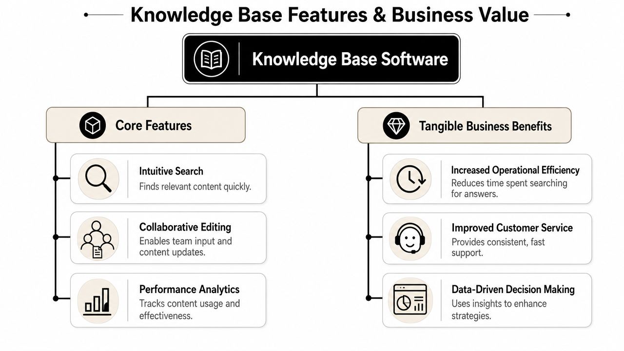 A diagram outlining the core features and tangible business benefits of modern knowledge base software solutions.