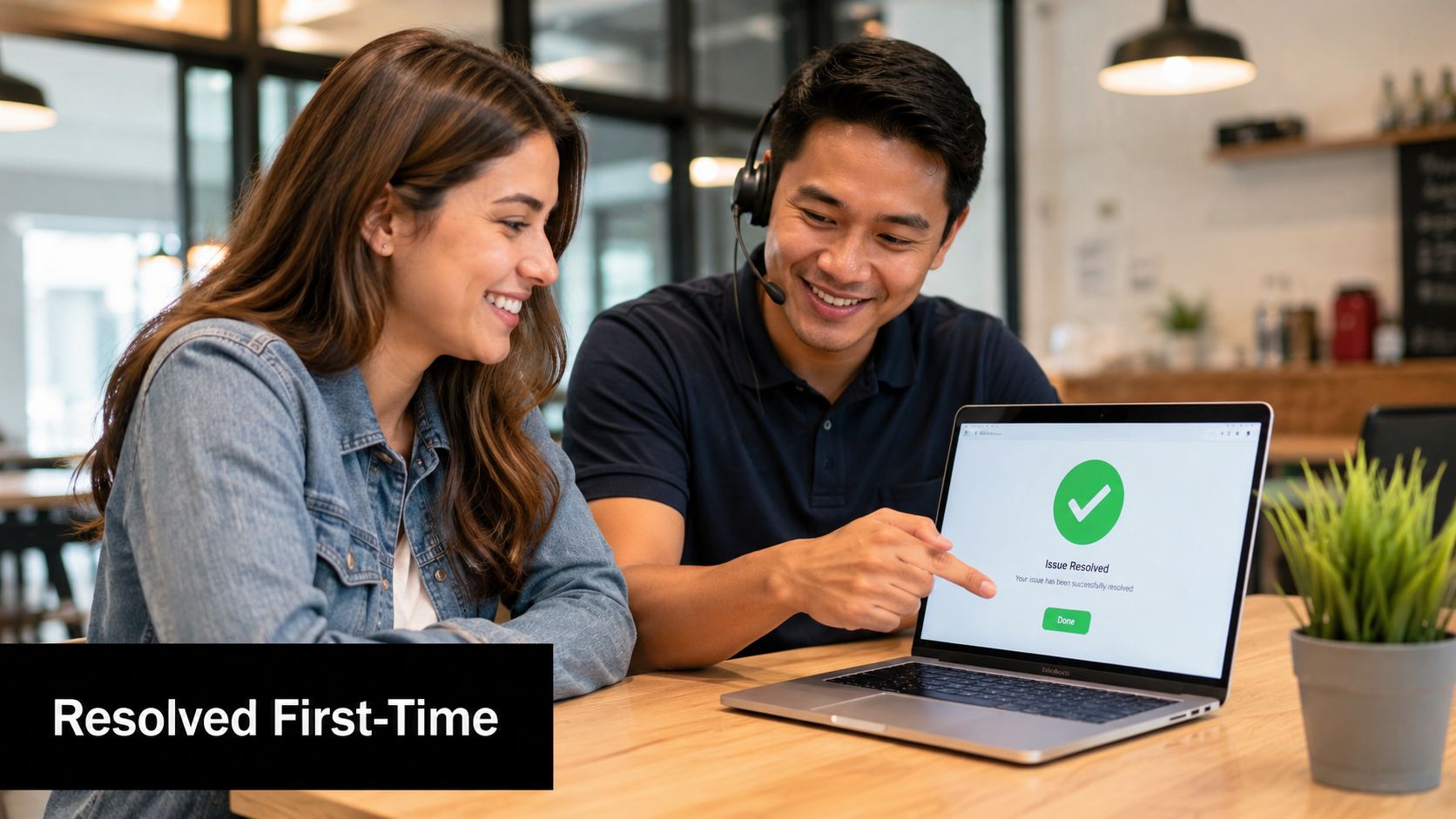 A customer service representative assisting a customer on a laptop showing a successful issue resolution screen.