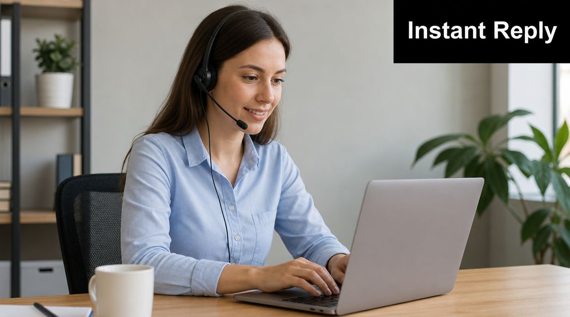 A friendly customer service representative wearing a headset and typing on a laptop at her desk.