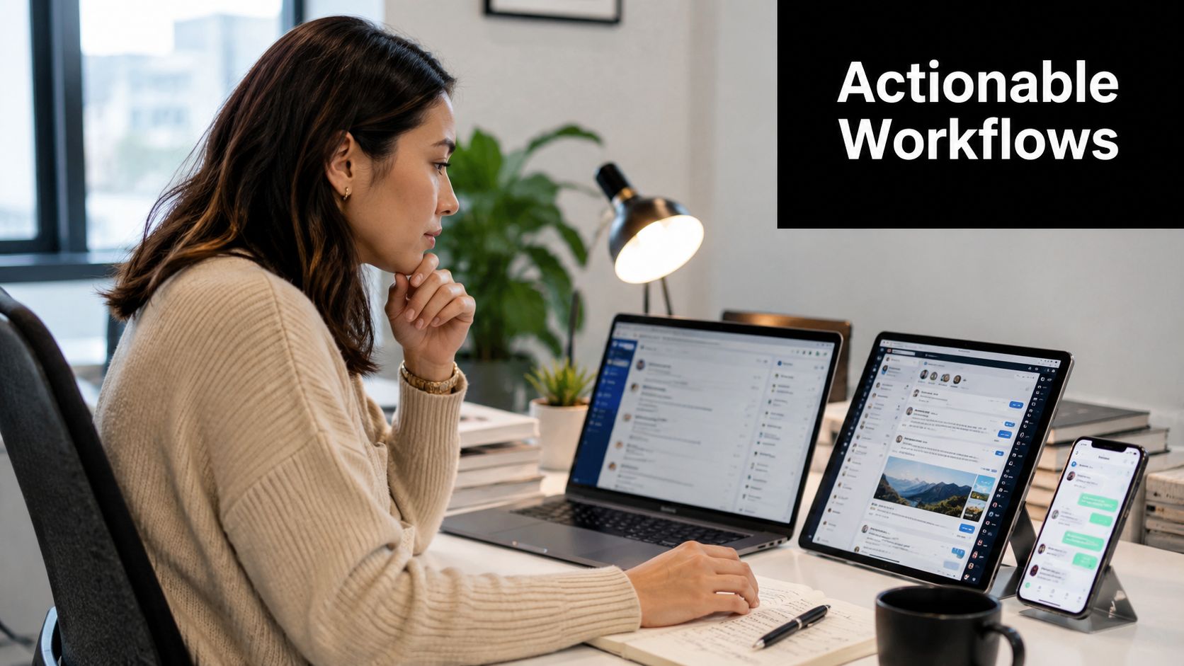 A professional woman working at her desk with a laptop, tablet, and smartphone displaying business workflows.