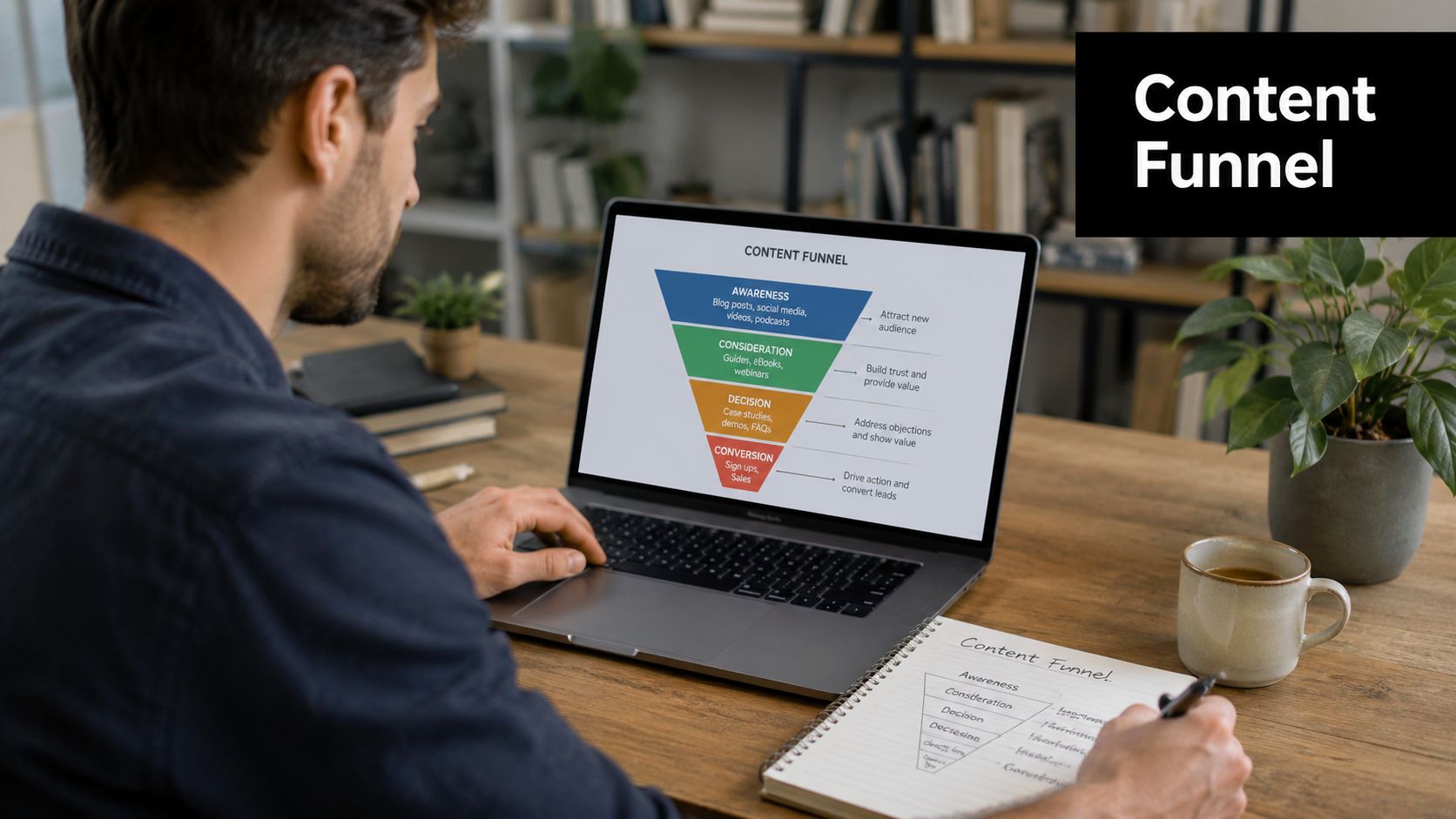 A person sketching a content marketing funnel diagram in a notebook while looking at a laptop screen.