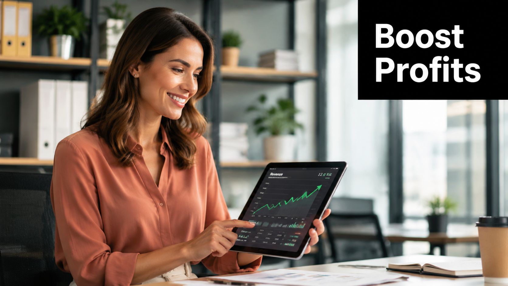 A smiling business woman using a tablet to display positive revenue growth graphs in a modern office setting.