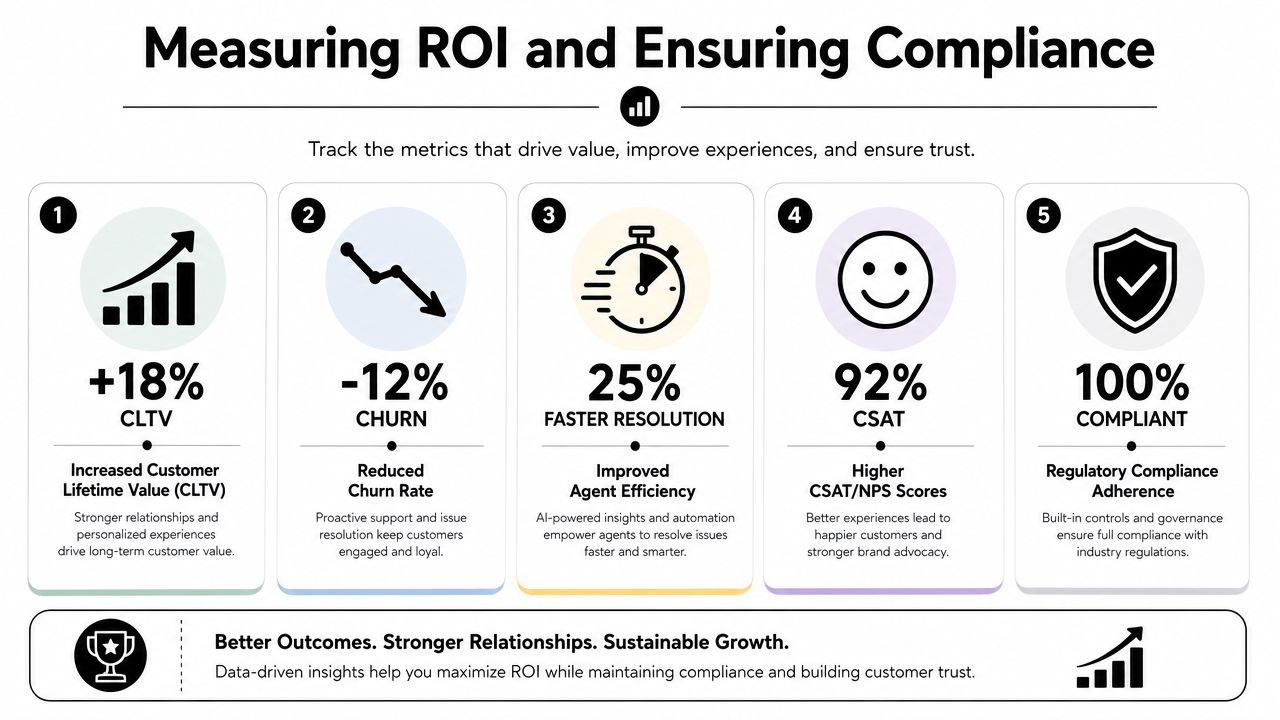 An infographic showing five key metrics for measuring customer service ROI, performance, and regulatory compliance.