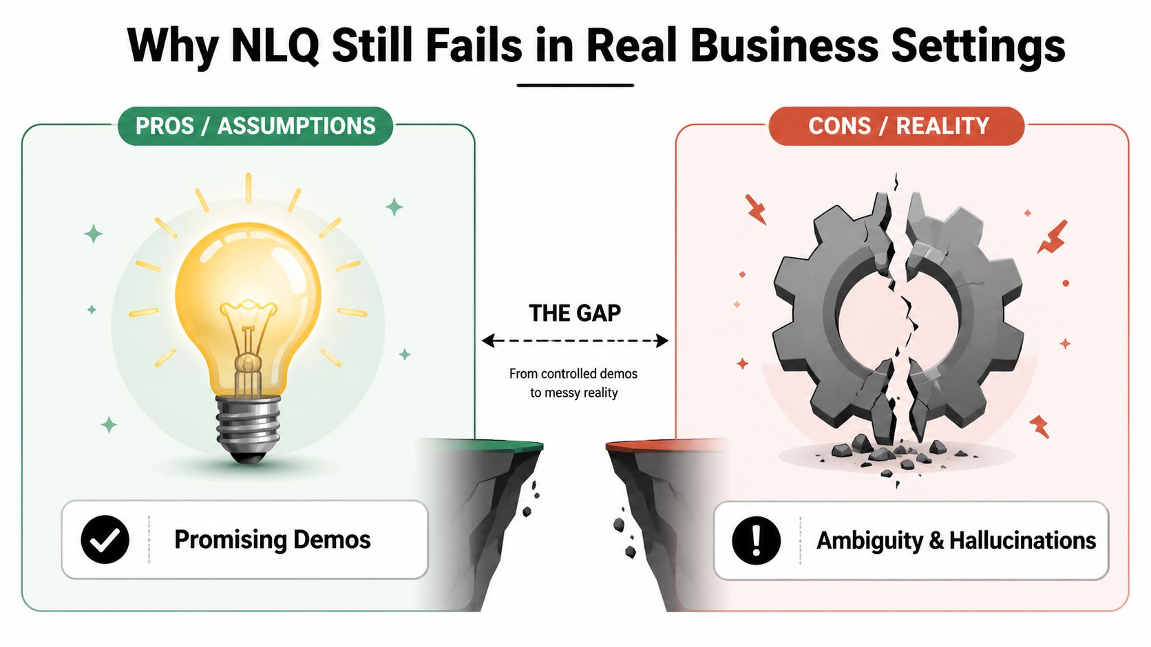 An infographic illustrating the gap between promising NLQ demos and the reality of business failures, ambiguity, and hallucinations.