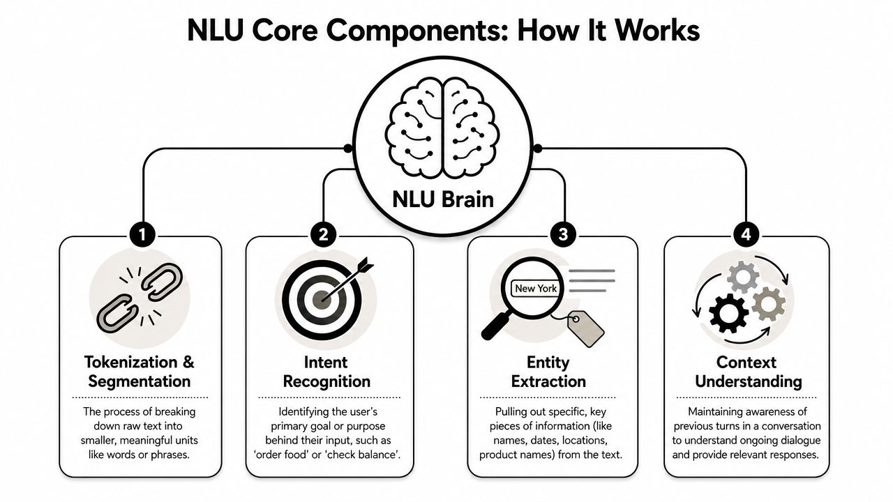 A diagram illustrating the four core components of a Natural Language Understanding brain system.