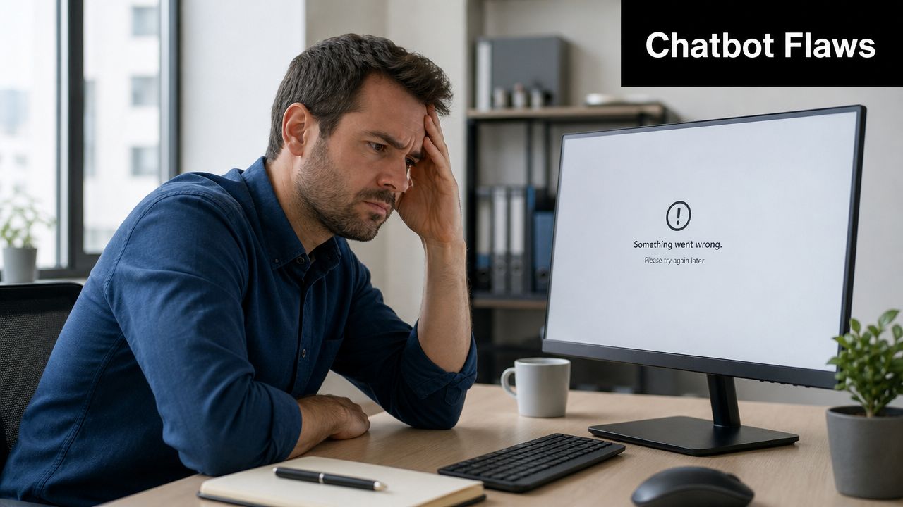 A frustrated man sitting at his desk looking at a computer monitor displaying an error message.