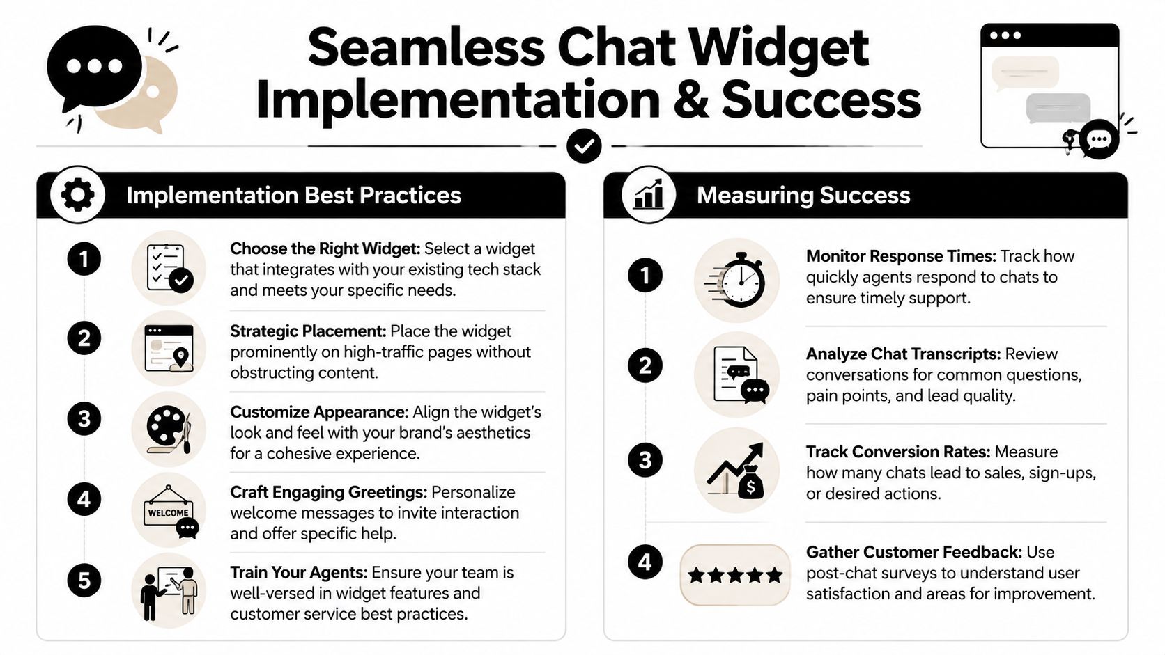 An infographic illustrating five best practices for implementing chat widgets and four key metrics for measuring success.