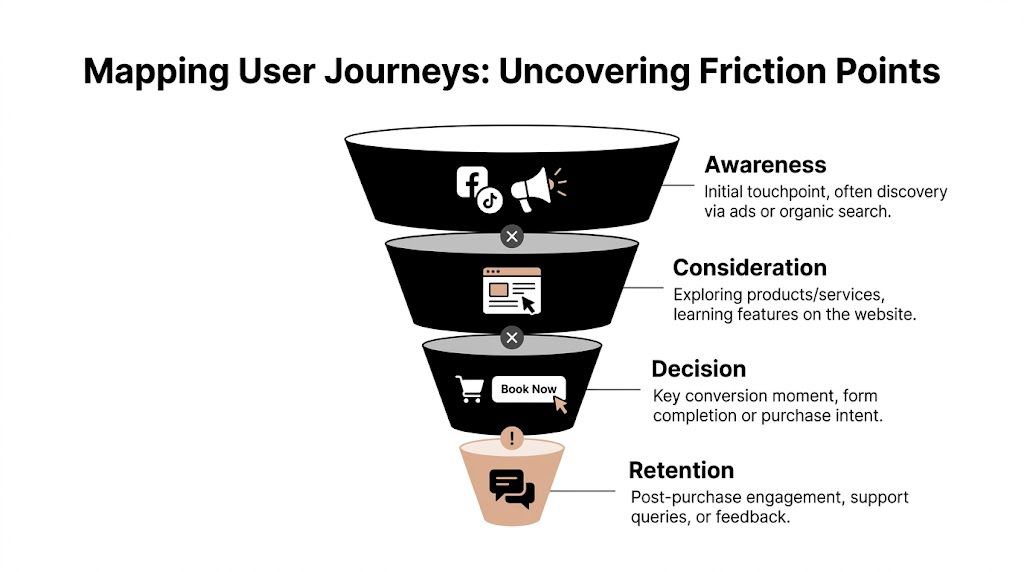 A marketing funnel diagram showing the user journey stages from awareness to consideration, decision, and finally retention.