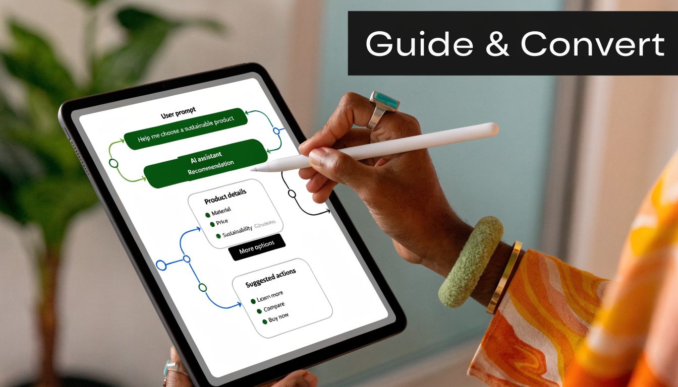 A person uses a digital stylus on a tablet displaying an AI product recommendation workflow flowchart.