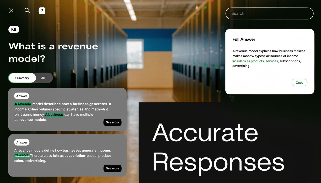 A digital interface showcasing a knowledge base platform with search functionality and accurate business revenue model answers.