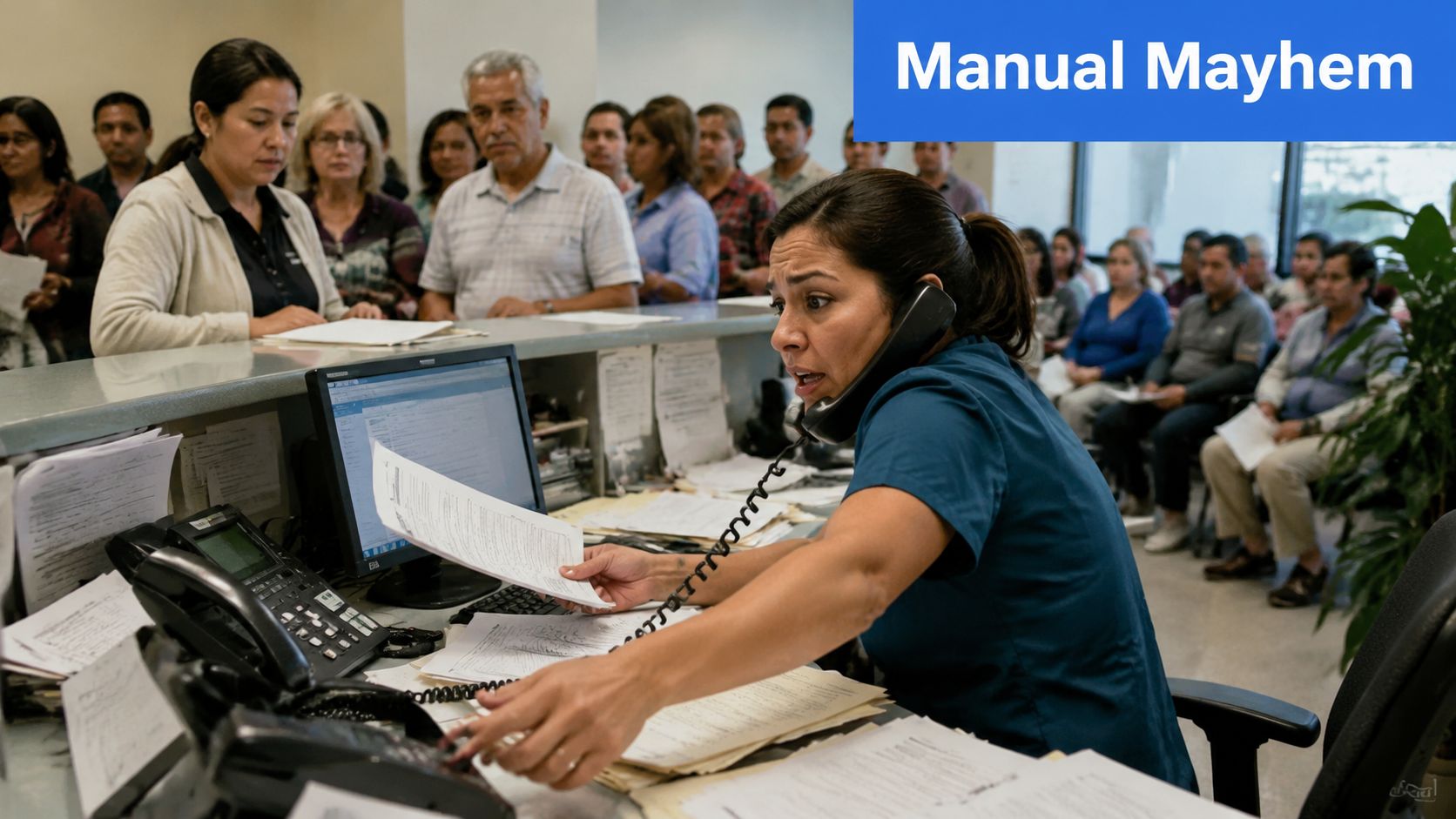 A busy medical receptionist on the phone handling paperwork at a crowded doctor's office reception desk.