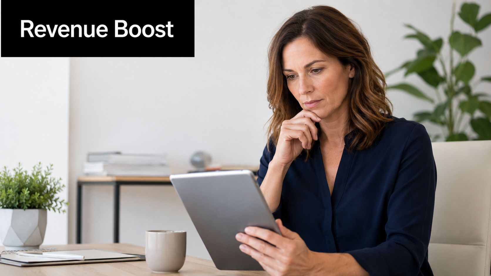 A professional woman looking at her tablet while sitting at an office desk with a coffee mug.