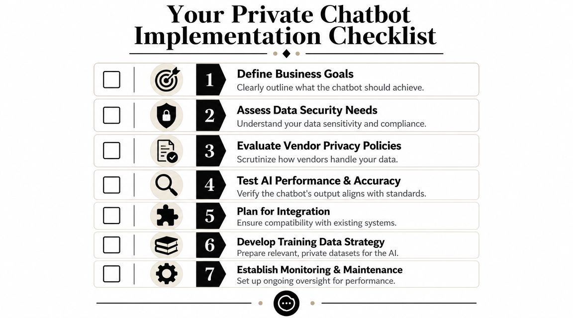 A seven-step implementation checklist for deploying a private, secure AI chatbot for business operations and data privacy.