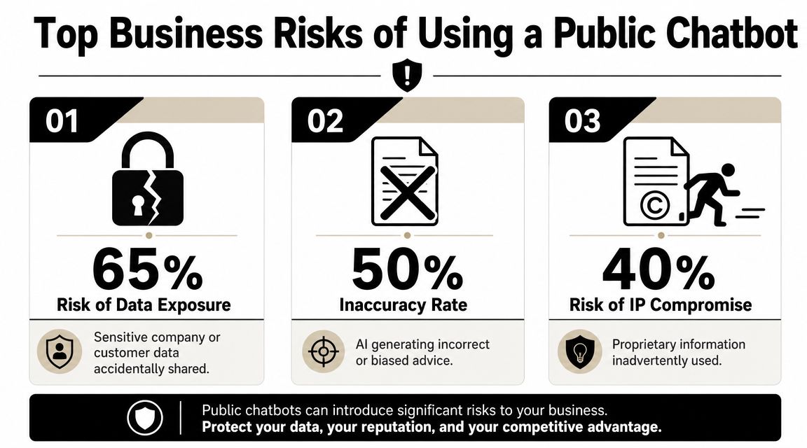 An infographic showing top business risks of using public chatbots including data exposure, inaccuracy, and IP compromise.