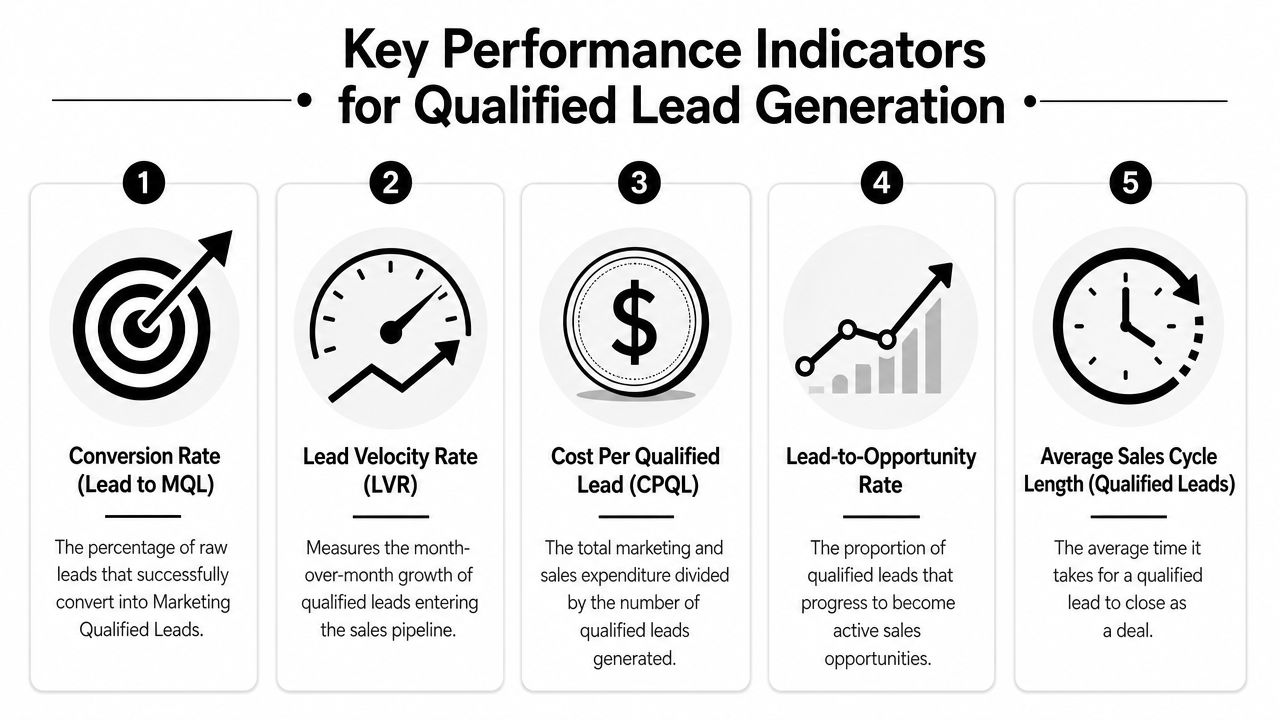 An infographic showing five key performance indicators for measuring qualified lead generation success.