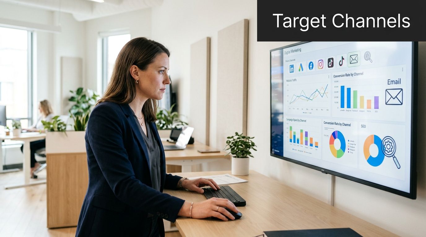 A professional woman working at a standing desk while reviewing digital marketing analytics on a large screen.