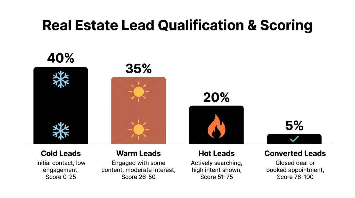 A chart illustrating real estate lead qualification and scoring categories from cold to converted leads.