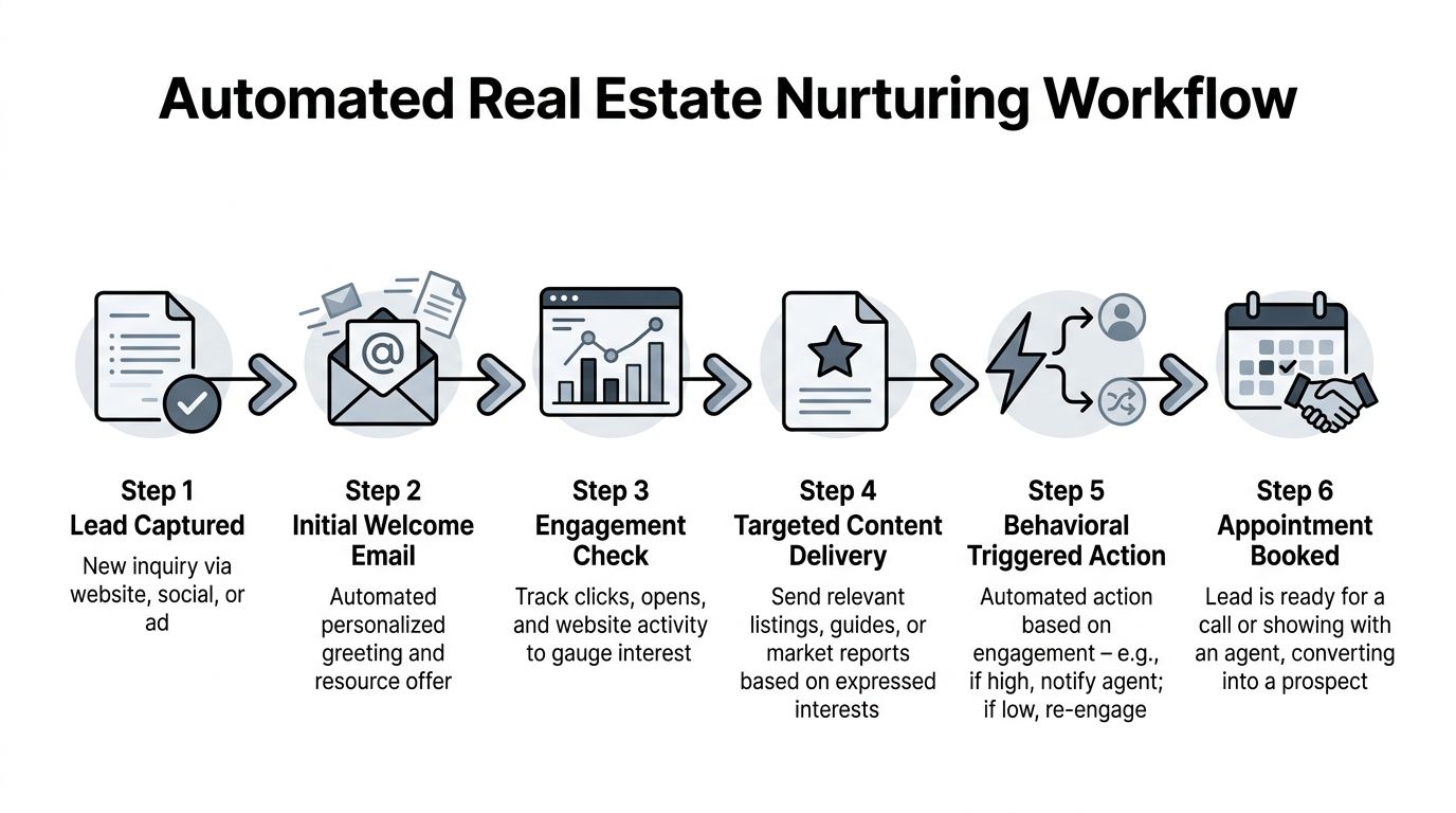 A diagram illustrating an automated real estate lead nurturing workflow with six steps from capture to appointment.