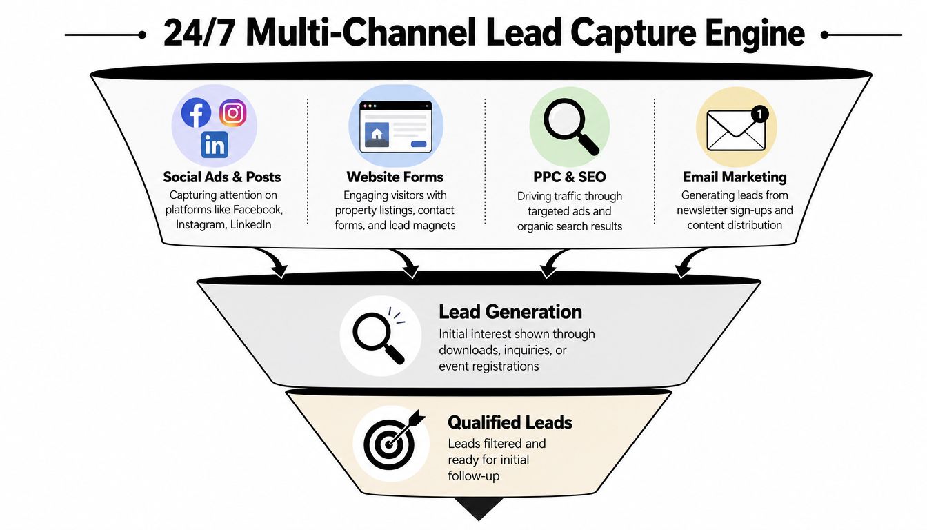 A funnel diagram illustrating a 24/7 multi-channel lead capture engine for real estate business marketing strategies.