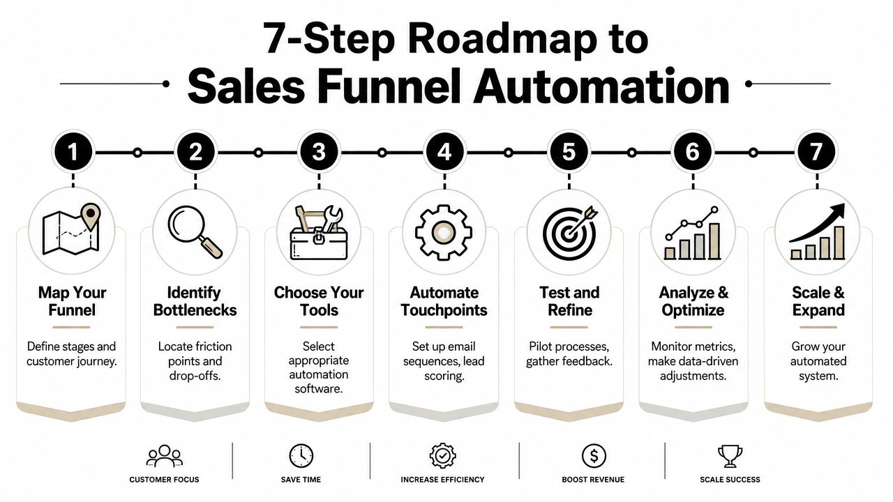 A 7-step roadmap infographic for sales funnel automation with icons illustrating each stage of the process.