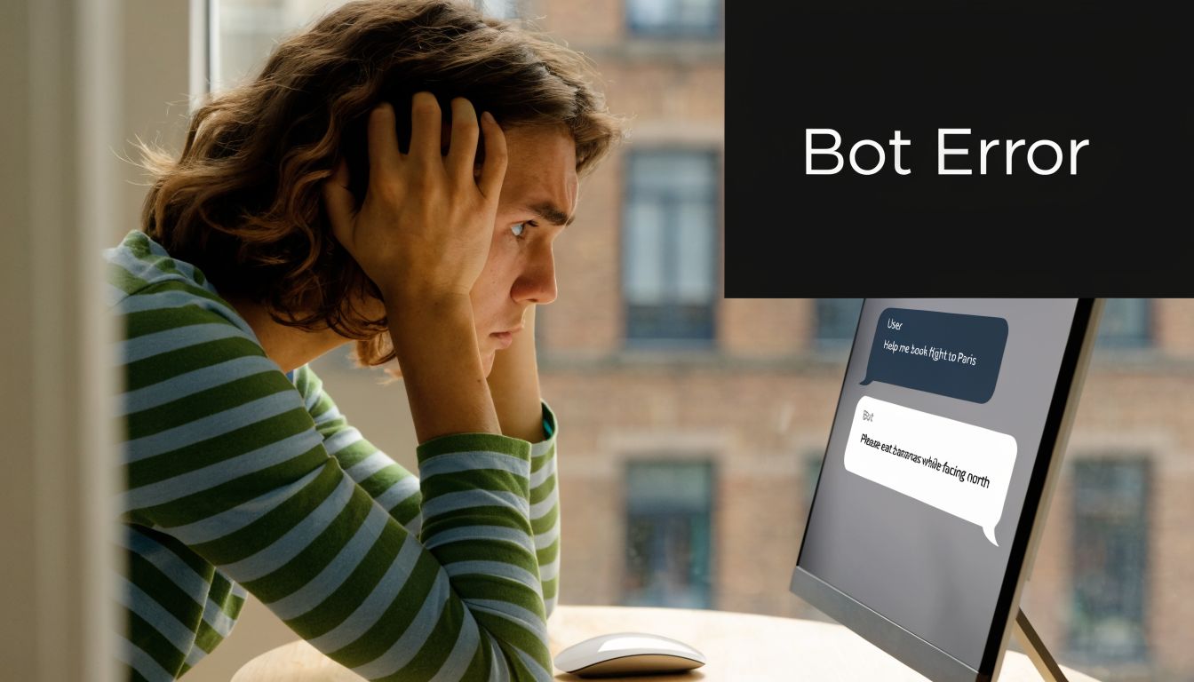 A frustrated young person looking at a computer screen displaying an absurd and unhelpful chatbot response.