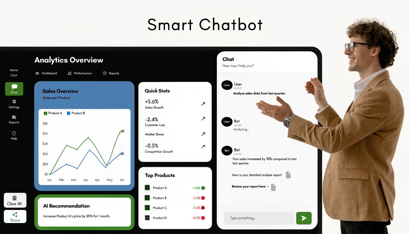 A professional man gesturing towards a digital dashboard displaying business analytics, sales charts, and an AI chatbot interface.