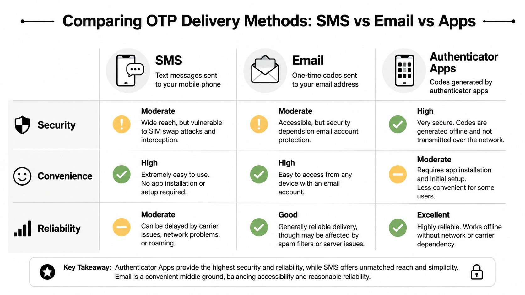 A comparison chart showing security, convenience, and reliability differences between SMS, email, and authenticator app OTP methods.