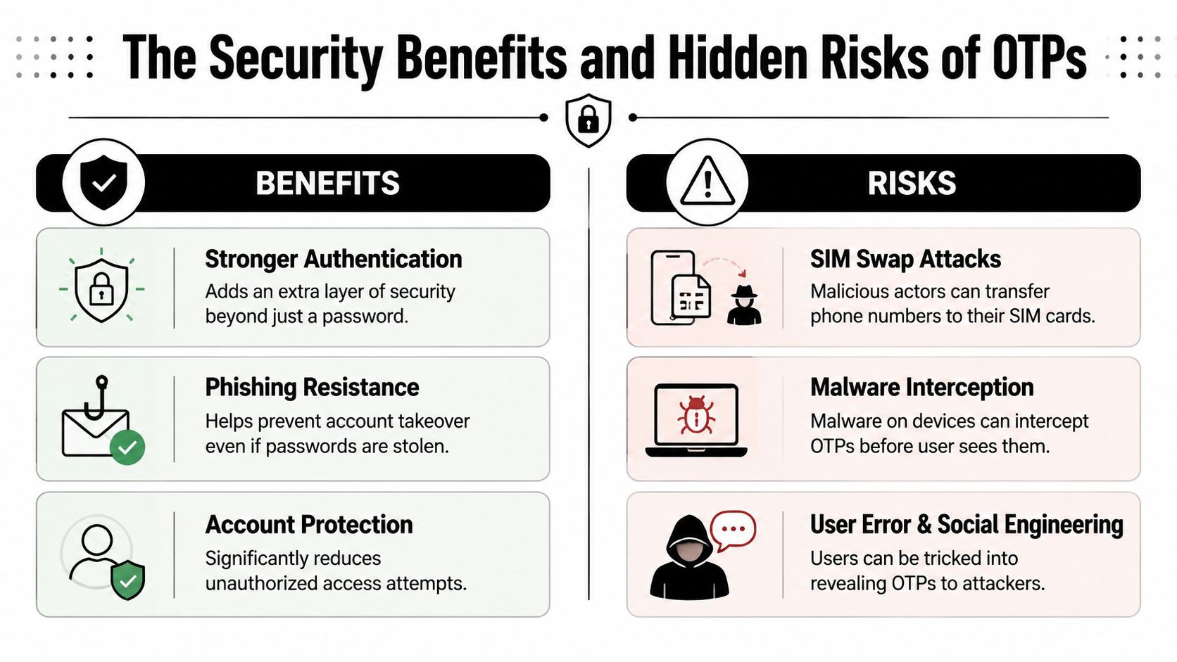 A comparison chart outlining the security benefits and hidden risks associated with using one-time password verification systems.