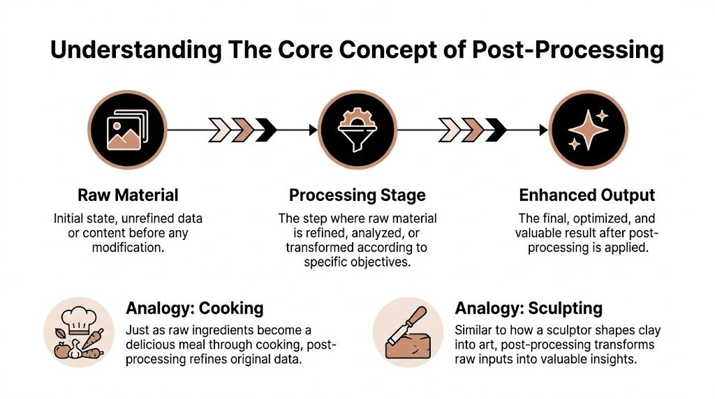 A diagram explaining post-processing as a three-stage transformation process from raw material to enhanced output using analogies.