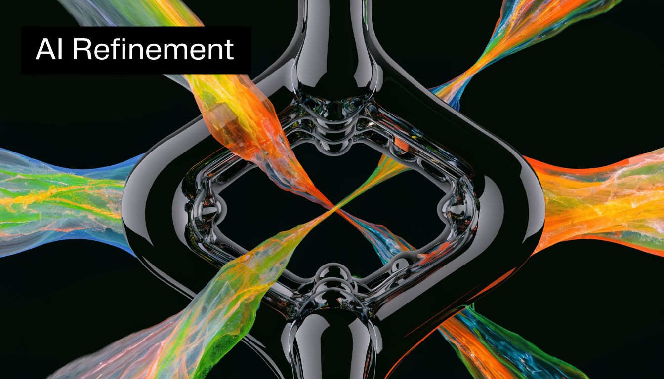 A sleek, black abstract metallic frame surrounded by flowing, vibrant, multicolored fluid streams against a black background.