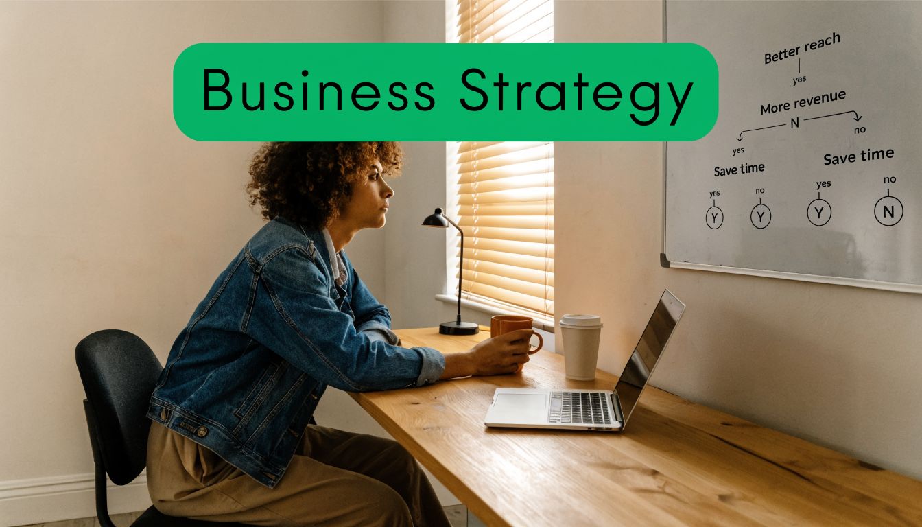 A person sitting at a desk looking at a business strategy flowchart on a whiteboard