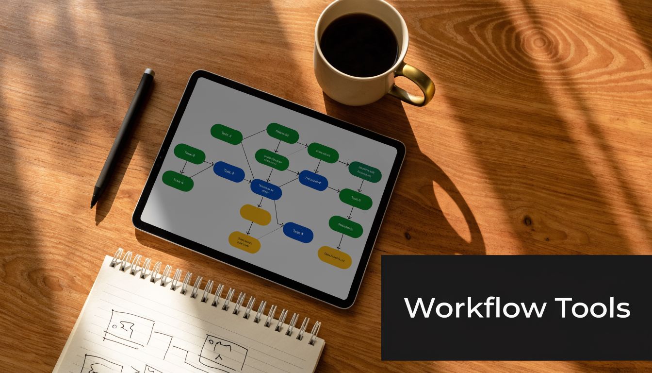 A tablet displaying a project workflow flowchart rests on a wooden desk with a notebook and coffee.