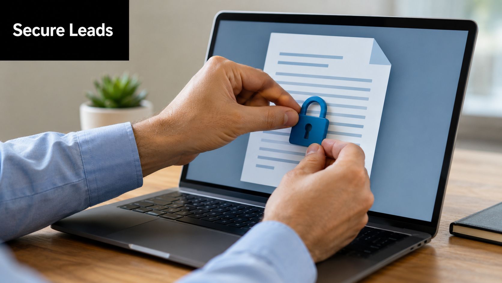 A professional hand securing a digital document on a laptop screen with a blue lock icon.